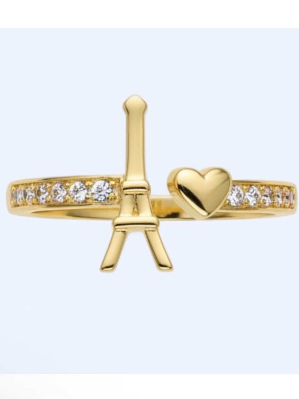 18K Gold Filled Eiffel Tower And Heart Adjustable Ring AAA CZ Accents NWOT